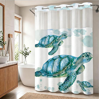 Beach Nautical Sea Turtle Theme No Hook Waffle Weave Shower Curtain with Snap in Liner Nautical Beach Bathroom Blue Ocean Decor Set 72 W x 86 H Inch Teal