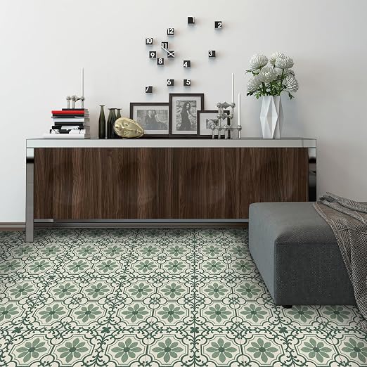 Green Vintage Floral Peel and Stick Floor Tiles 12x12 Inch 10PCS | Green and cream vintage floral scroll pattern vinyl floor stickers for kitchen bathroom entryway and indoor home decor