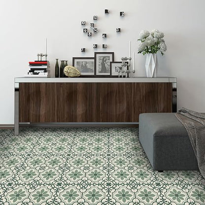 Green Vintage Floral Peel and Stick Floor Tiles 12x12 Inch 10PCS | Green and cream vintage floral scroll pattern vinyl floor stickers for kitchen bathroom entryway and indoor home decor