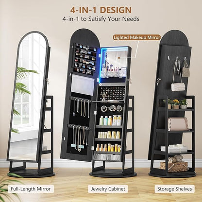 HWB Arched LED Jewelry Cabinet with Full-Length Mirror & Storage Shelves