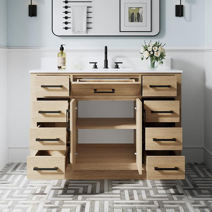48-Inch Bathroom Vanity with Sink W/ 2 Doors & 8 Drawers & 1 Flip Drawer, Oak Vanity W/Matte Black Handles