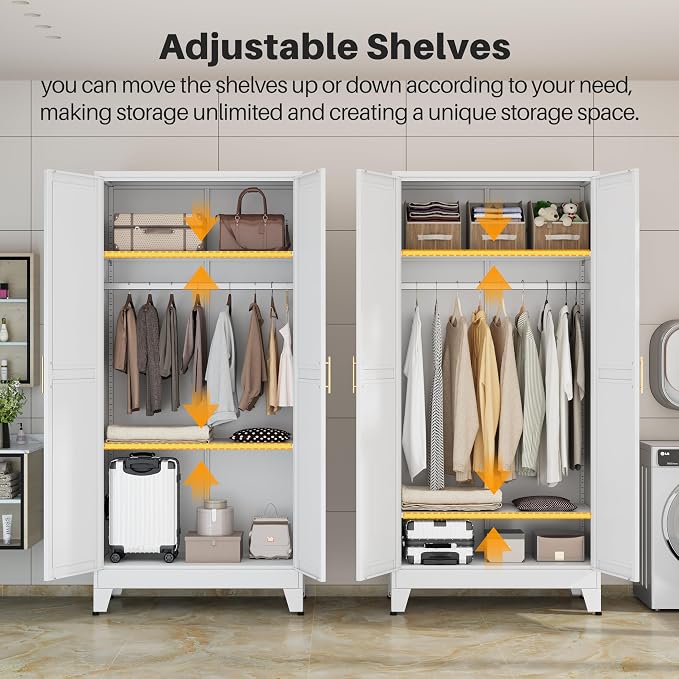 winiowa Metal Armoire Wardrobe Closet with 2 Mirror Doors, 71" Wardrobe Cabinet with Adjustable Shelves and Hanging Rod, Clothing Storage Cabinet Closet with Mirror for Bedroom-White