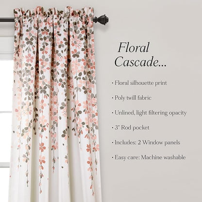 Lush Decor Weeping Flower Light Filtering Window Curtain Panels, Pair, 52"W x 95"L + 2" Header, Blush & Gray - Charming Modern Floral Curtains for Living Room, Dining Room, & Bedroom
