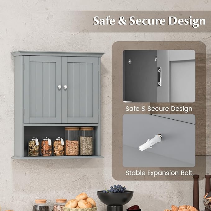 Giantex Wall Mounted Medicine Cabinets - Above Toilet Bathroom Cabinet with Adjustable Shelf, Open Shelf, Over The Toilet Space Saver Storage Cabinet for Laundry Room, Kitchen, Cupboard (Gray)