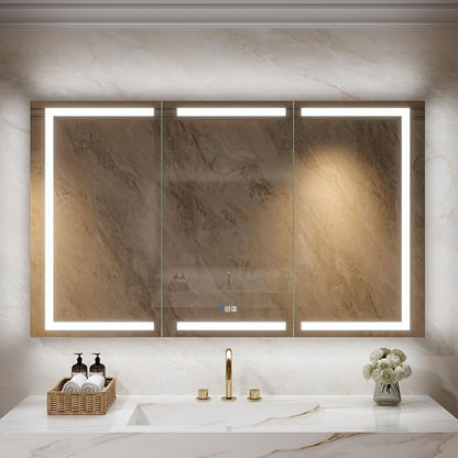 WELLFOR 60" X 36" Bathroom Mirror Medicine Cabinet with 3X Magnification Makeup Mirror, LED Mirrored Cabinet, Bathroom Storage Mirror Cabinet, Three Opening Doors, Recessed or Surface