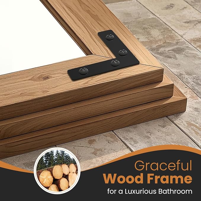 Wood Framed Bathroom Vanity Mirror for Wall, 26"x38" Farmhouse Mirror | Solid Wood Frame, HD Shatterproof Glass, Vertical/Horizontal Hanging, Ideal for Bathroom, Living Room, Bedroom