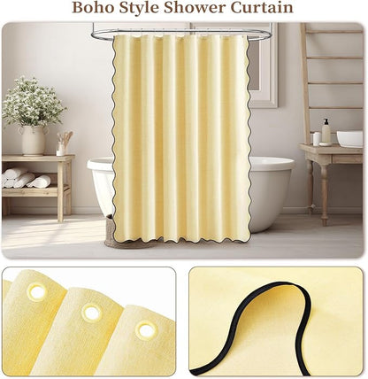 BTTN Extra Long Shower Curtain, 72x90 Boho Scalloped Linen Textured Thick Fabric Shower Curtain Set with 12 Hooks, Tall Modern Farmhouse Rustic Waterproof Cloth Shower Curtains for Bathroom, Yellow