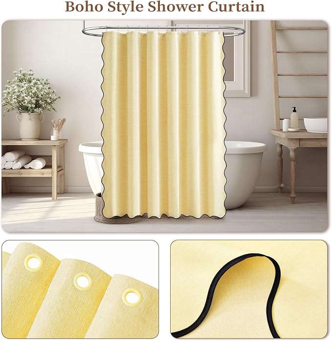 BTTN 72x78 Boho Scalloped Linen Textured Cloth Shower Curtain Set, Yellow | Long Size, 230GSM Waterproof Polyester, Heavy Duty Fabric, 12 Plastic Hooks, Elegant Modern Farmhouse Style, Machine Washable