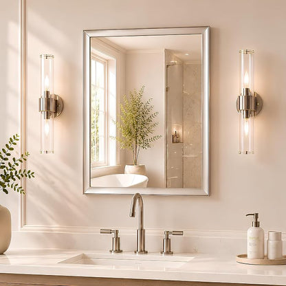 Brushed Nickel Bathroom Mirrors for Over Sink 22x30 Inch | Curved Aluminum Frame Rectangle Vanity Mirror for Bedroom Entryway, HD Tempered Glass, Anti-Rust, Horizontal or Vertical