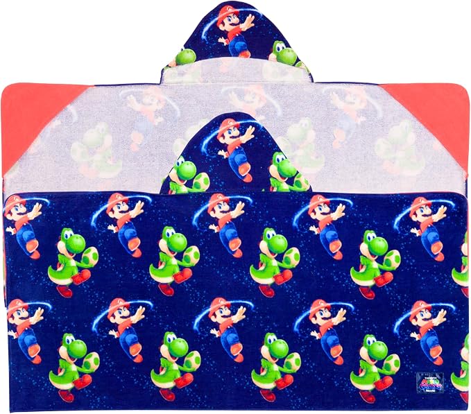 The Super Mario Galaxy Movie Kids Super Soft Bath/Pool/Beach Soft Cotton Terry Hooded Towel Wrap, 24 in x 50 in, Mario & Luigi, (100% Officially Licensed Product) By Franco