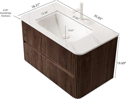 36" Floating Bathroom Vanity with Sink, Wall Mounted Modern Bathroom Cabinet with 2 Soft Close Drawers, Oak & Plywood, Pre-Assembled with Carrara White Basin – Bruges, Retro Walnut/S