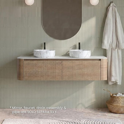 72" Preassembled Double Floating Bathroom Vanity with Carrara Sink, Oak | Mid-Century Modern Style, Fluted & Soft-Close Drawer with U-shaped Wall, Sinterted Stone Countertop, Towel Rack Included