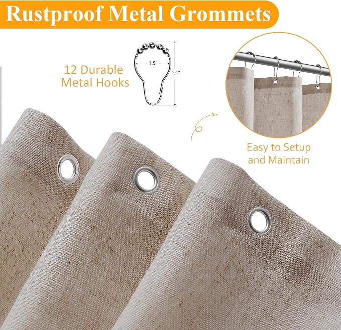 Extra Long Linen Shower Curtain 84 Inch Long for Bathroom Shower Curtains Set with Hooks Boho Farmhouse Fabric Neutral Modern Cottage Core Waterproof,Taupe Burlywood