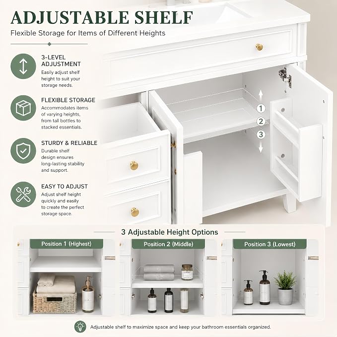 Bellemave 36" Bathroom Vanity with Sink, Bathroom vanities, Green Bathroom Vanity with Drawers, Sink Cabinet, White, 36Inch