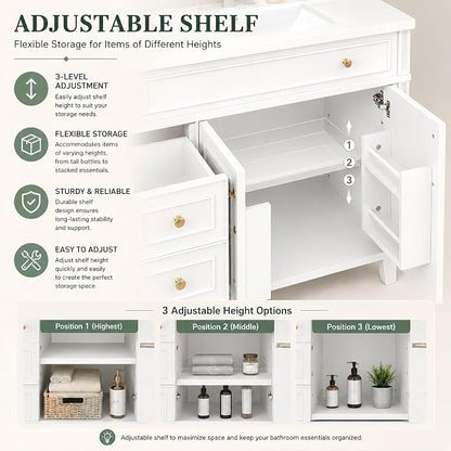 Bellemave 36" Bathroom Vanity with Sink, Bathroom vanities, Green Bathroom Vanity with Drawers, Sink Cabinet, White, 36Inch