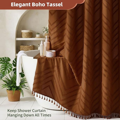 Siiluminisoy Extra Long Shower Curtains Burnt Orange 72 x 84 Inches Tufted Chevron Fabric for Bathroom Vintage Shabby Chic Waterproof Cloth Shower Curtain