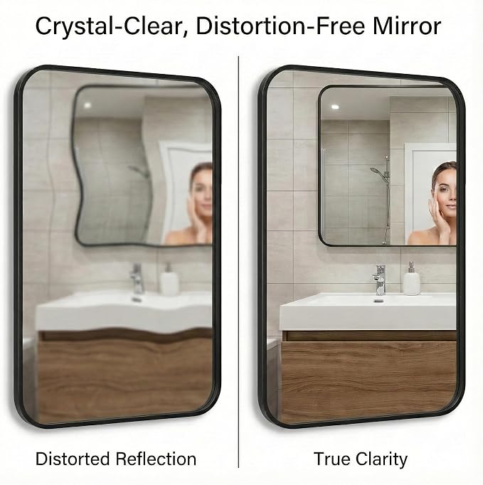 30x36 Inch Matte Black Rounded Rectangle Bathroom Vanity Mirror | For Over-Sink Bathrooms, Powder-Coated Iron Frame, Layered Shadow Box Look, Two-Way Mount, Protective Packaging