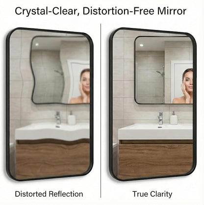 30x48 Inch Matte Black Rounded Rectangle Bathroom Vanity Mirror | For Over-Sink Bathrooms, Powder-Coated Iron Frame, Layered Shadow Box Look, Vertical or Horizontal Layout