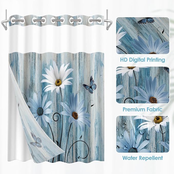 No Hook Shower Curtain with Snap in Liner 54x80 Inch Daisy Floral | Wooden Rustic Blue Modern Double Layers Waterproof Fabric with See Through Top Window Open Grommet Bath Curtain