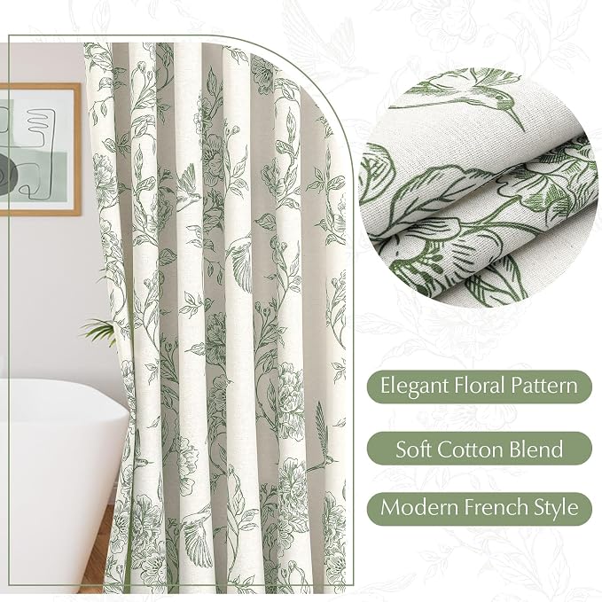 MitoVilla Extra Long Sage Green Cotton Shower Curtain for Bathroom,72 x 84 | Extra Long BoHo Cottagecore Hummingbird Spring Shower Curtains, Modern Farmhouse Country Floral Bathroom Décor, 72 x 84