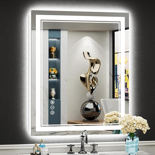 24x36 LED Bathroom Mirror with Lights, Backlit and Front Lit Anti-Fog Lighted Vanity Mirrors for Bathroom Wall, Dimmable, 3-Color Light, Memory, Shatter-Proof, HD Tempered Glass, CRI＞90