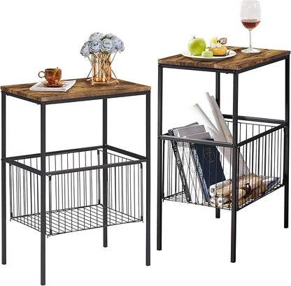 VECELO Tall End Table with Metal Basket,Nightstand with Shelf Storage Organizer, Wood Night Stand with Metal Frame, Waterproof for Bedroom, Living Room, Bathroom