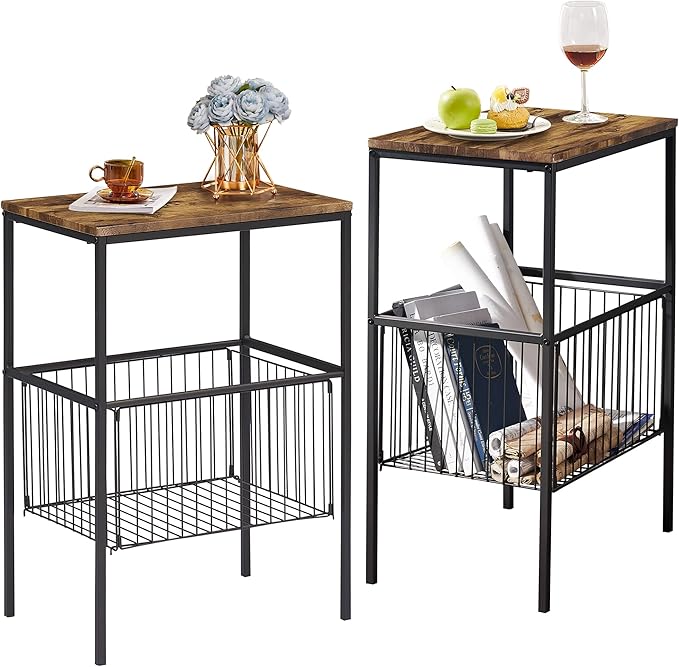 VECELO 2 Sets Tall End Table with Metal Basket,Nightstand with Shelf Storage Organizer, Wood Night Stand with Metal Frame, Waterproof for Bedroom, Living Room, Bathroom