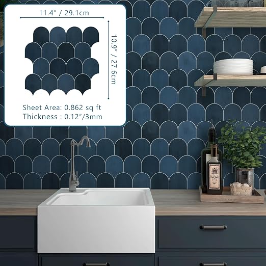 SUNWINGS 10-Sheet Fish Scale Peel and Stick Backsplash Tile, 11.4'' x 10.9" Stone Composite Scallop Handmade Looks Self-Adhesive Wall Tiles for Kitchen Bathroom, Blue