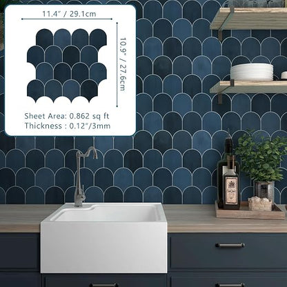 SUNWINGS 10-Sheet Fish Scale Peel and Stick Backsplash Tile, 11.4'' x 10.9" Stone Composite Scallop Handmade Looks Self-Adhesive Wall Tiles for Kitchen Bathroom, Blue