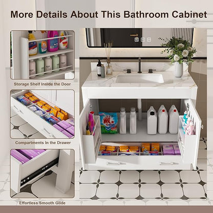 Montary 42" Bathroom Vanity with 43" Sintered Stone Carrara Gold Top, Modern Stylish MDF Bathroom Storage Cabinet, Vanity Set with 2 Doors and One Large Divided Drawer, White (Three Holes)