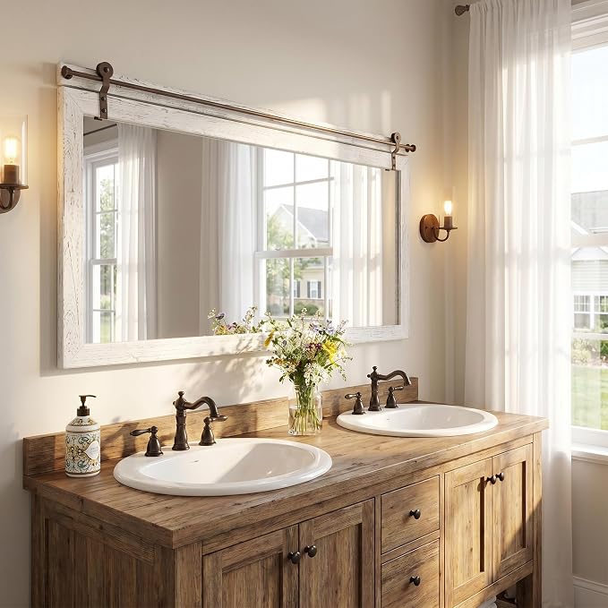 27"x49" Whitewashed Coastal Barn Door Wall Mirror with Wood Header | 100% solid wood, HD tempered glass, bronze-tone iron rail; large coastal farmhouse mirror for double vanity, mantel, entryway