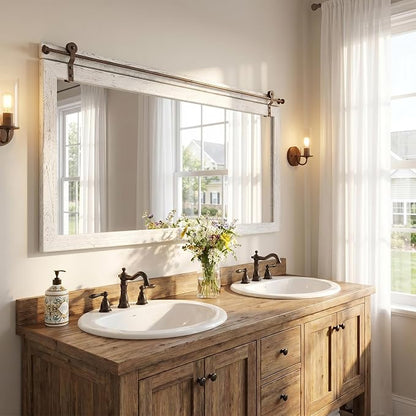 27"x49" Whitewashed Coastal Barn Door Wall Mirror with Wood Header | 100% solid wood, HD tempered glass, bronze-tone iron rail; large coastal farmhouse mirror for double vanity, mantel, entryway