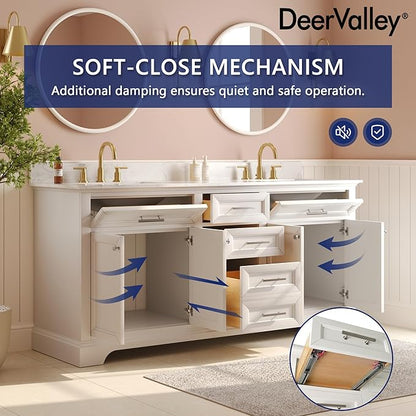 DeerValley 72'' Bathroom Vanity with Double Sink Top, Pre-Assembled Modern Wood Bathroom Cabinet Sink Combo with Backsplash, Soft Closing Doors, Multifunctional Storage Space Vanity (White)