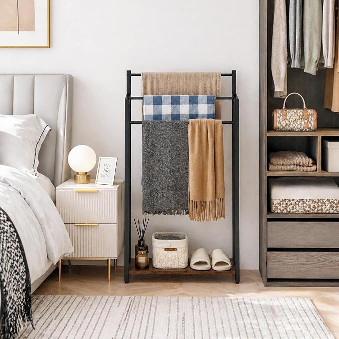 16.9" W Freestanding Towel Rack with Rustic Brown Wood Shelf | 3 Tier Blanket Ladder Stand for Bathroom Living Room, Metal Frame,31.5"H x 16.9"W x7.9"D