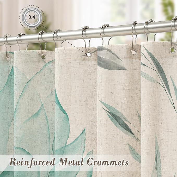 Teal Floral Linen Shower Curtain, Watercolor Botanical Design, 72 x 72 | Boho Floral Design, Watercolor Botanical Style, Ink Painting Flowers & Leaves, Linen Blend Fabric Curtain