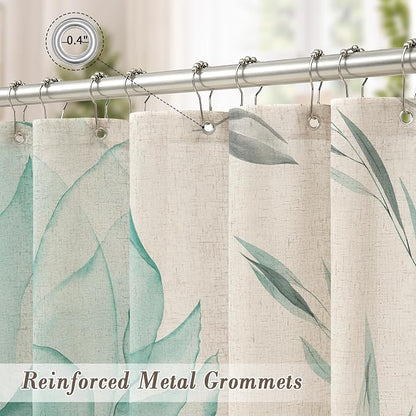 Teal Floral Linen Shower Curtain, Watercolor Botanical Design, 72 x 72 | Boho Floral Design, Watercolor Botanical Style, Ink Painting Flowers & Leaves, Linen Blend Fabric Curtain