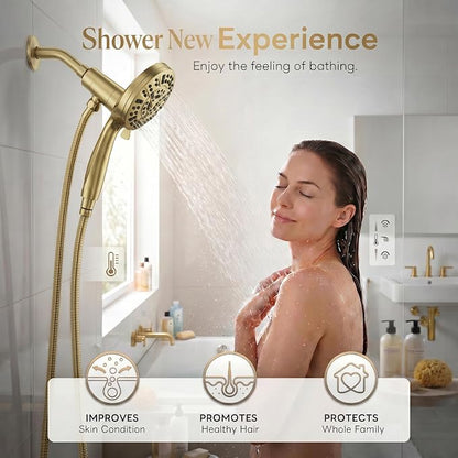 High Pressure Handheld Shower Head Brushed Gold- Anti-clog Nozzles, Built-in Power Wash to Clean Tub, Wall & Overhead Brackets,Magnetitc Rainfall Showerhead with handheld
