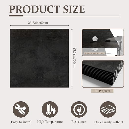 DEXDE Peel and Stick Floor Tile Black Waterproof Vinyl, 2FTx2FT 10 PC | Waterproof Self-adhesive Vinyl Tiles, 40 Sq.Ft (10 Large 24"x24" PC), Vinyl Flooring for Bathroom Kitchen DIY Upgrades