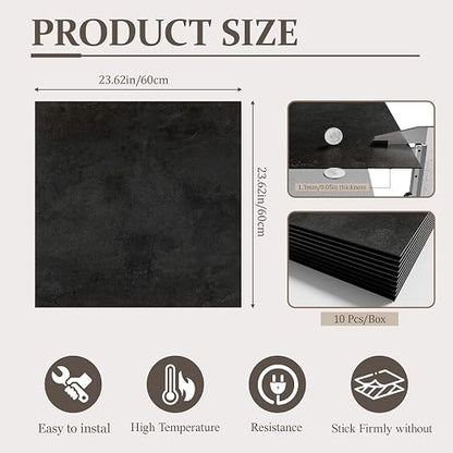 DEXDE Peel and Stick Floor Tile Black Waterproof Vinyl, 2FTx2FT 10 PC | Waterproof Self-adhesive Vinyl Tiles, 40 Sq.Ft (10 Large 24"x24" PC), Vinyl Flooring for Bathroom Kitchen DIY Upgrades