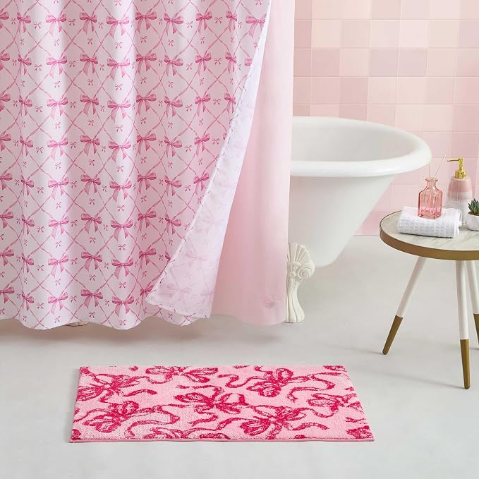 Betsey Johnson - Shower Curtain Set, 72 x 72 Bathroom Curtain with PEVA Shower Liner and 12 Pack Hooks, Soft Textured Polyester Curtain, Festive Bow Trellis Pink