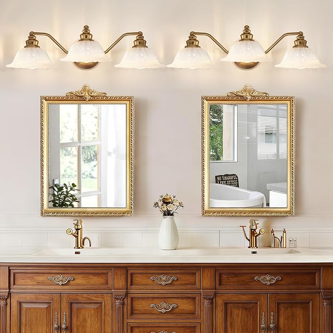 Redluck Vintage Bathroom Vanity Light Fixture, 3-Light Bathroom Lighting Fixtures Over Mirror, Antique Brass Finish with Milk Glass Crystal Glass Shade, Wall Sconces Lighting for Bedroom, Living Room