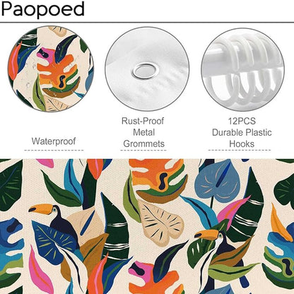Colorful Leaf Shower Curtain, Boho Bird Abstract Art Jungle Plant Bathroom Curtain with 12 Hooks, Modern Asthetic Waterproof Polyester Fabric Bathroom Decor with Hooks 72x72 Inch