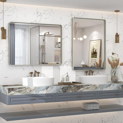 24x28 Inch Silver Brushed Nickel Bathroom Mirror | Metal Framed Silver Vanity Mirror for Wall, Rounded Rectangle, Shatterproof, Anti- Rust, Horizontally or Vertically Mounted