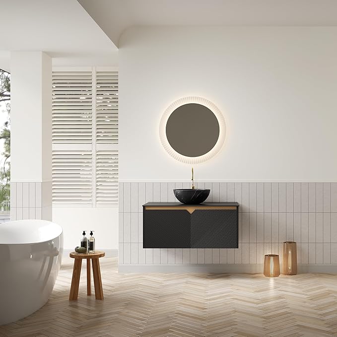 36 Inch Bathroom Vanity with Sink, Floating Fluted Vanity with Vessel Sink, Modern Bathroom Vanity Cabinet with 2 Doors, Bowl Vessel Sink & Sintered Stone Top, Black