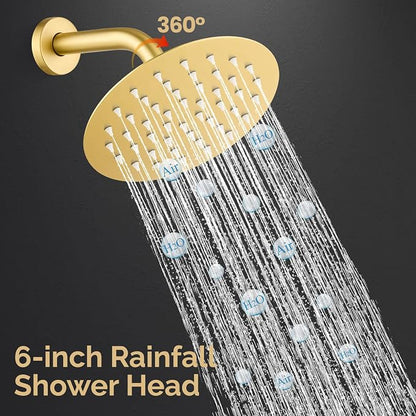 Airuida Shower Faucet Set with Tub Spout,6" Bathtub Faucet-Brushed Gold | Male Threads Rough-In Valve,Round Head Shower System,Tub and Shower Kit Set