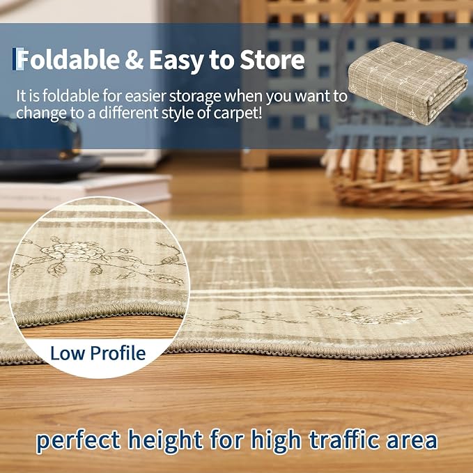 Garvee Washable Rugs for Living Room 8x10 Area Rugs Scalloped Rug Camel | Modern Bordered Non Slip Large Kids Bedroom Carpet Indoor Stain Resistant Floor Cover for Bedroom Dining Room Office Nursery