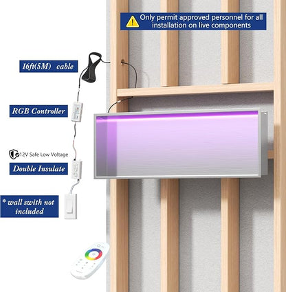 36X12 RGB Shower Niche, Brushed Nickel Stainless Steel LED Wall Niche, No Tile Needed Wall Cabinet for Bathroom Storage, 3000K Warm Light