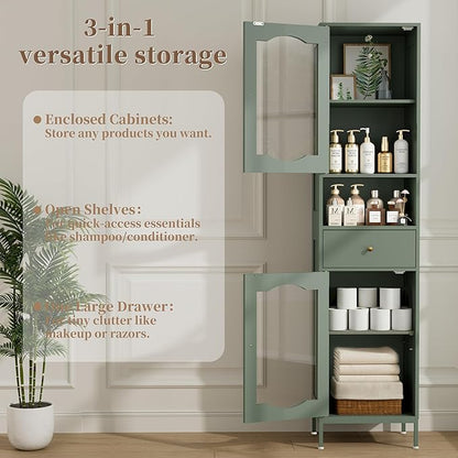 66.4" Tall Bathroom Storage Cabinet with Adjustable Shelves and Glass Doors, Anti-Tipping Narrow Cabinet, Linen Cabinet for Bathroom, Kitchen, Living Room, Olive Green