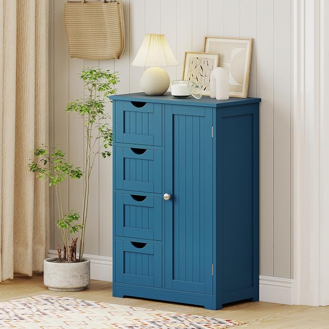 Giantex Bathroom Cabinet, Freestanding Storage Cabinet with 1 Door & 4 Drawers, 3-Level Adjustable Shelf, Anti-toppling System, Modern Storage Organizer for Bathroom, Living Room, Kitchen (Blue)