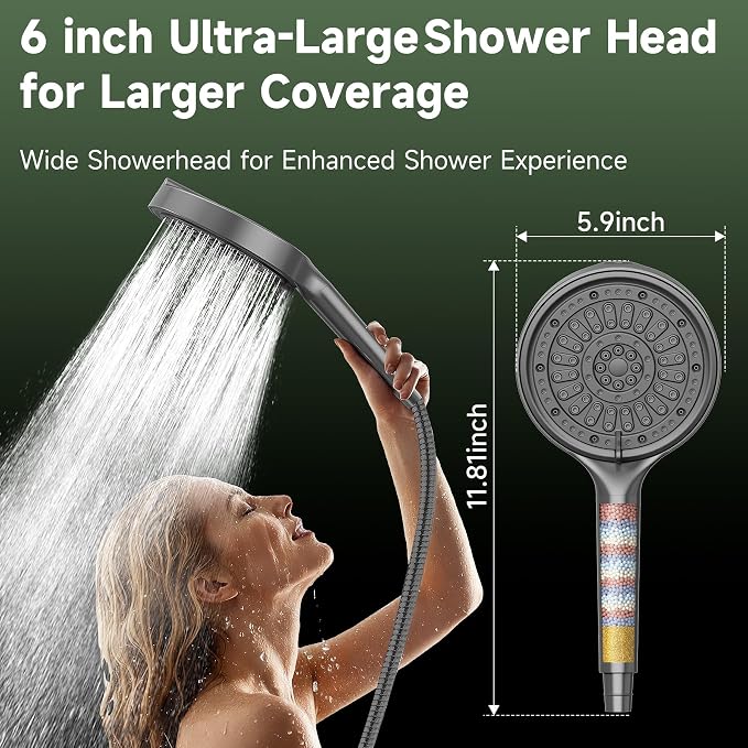 Filtered Shower Head, 6 Inch High Pressure Handheld Shower Filter Head for Hard Water, 6 Spray Modes Water Softener Showerhead with Hose and Shower Arm Bracket, Dark Grey